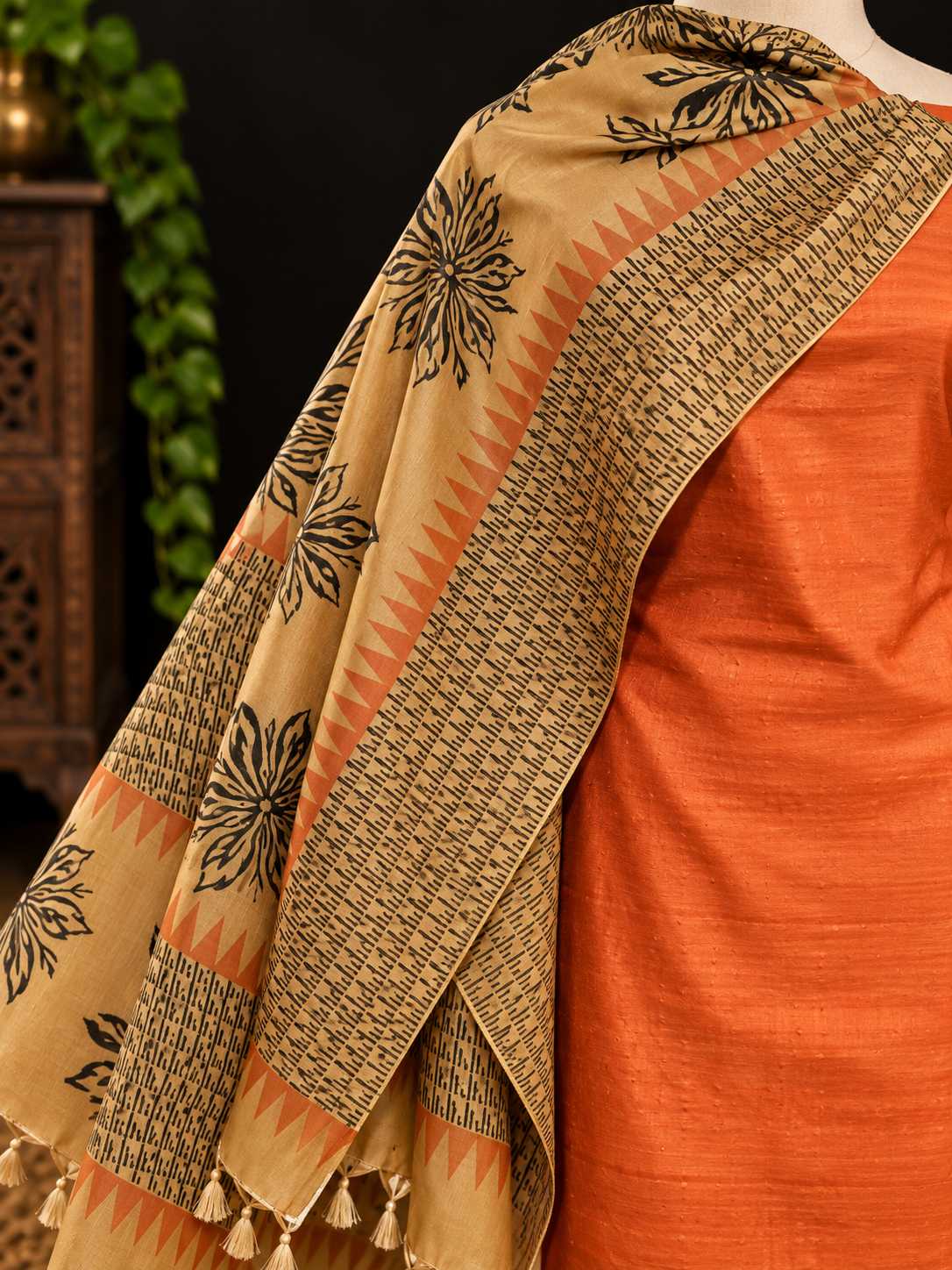 Block Printed Tussar Silk Suit in Rust Orange