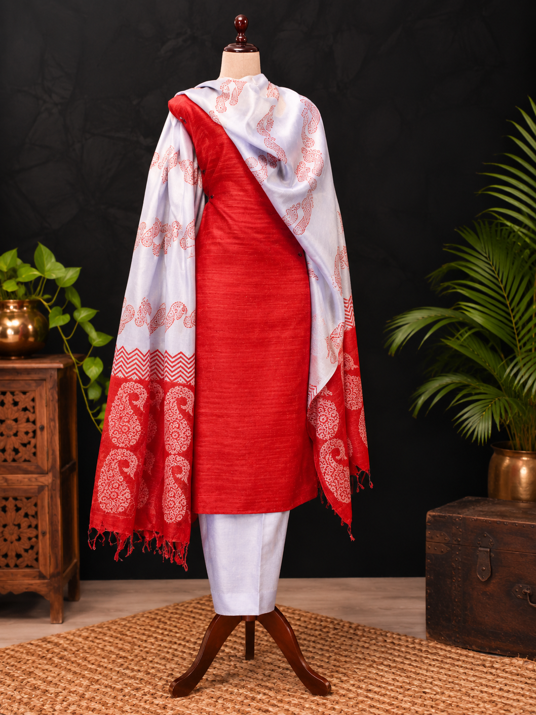 A red kurta silk set displayed on a mannequin with a white dupatta featuring red paisley and border patterns, set against a dark background with decorative plants and wooden furniture.