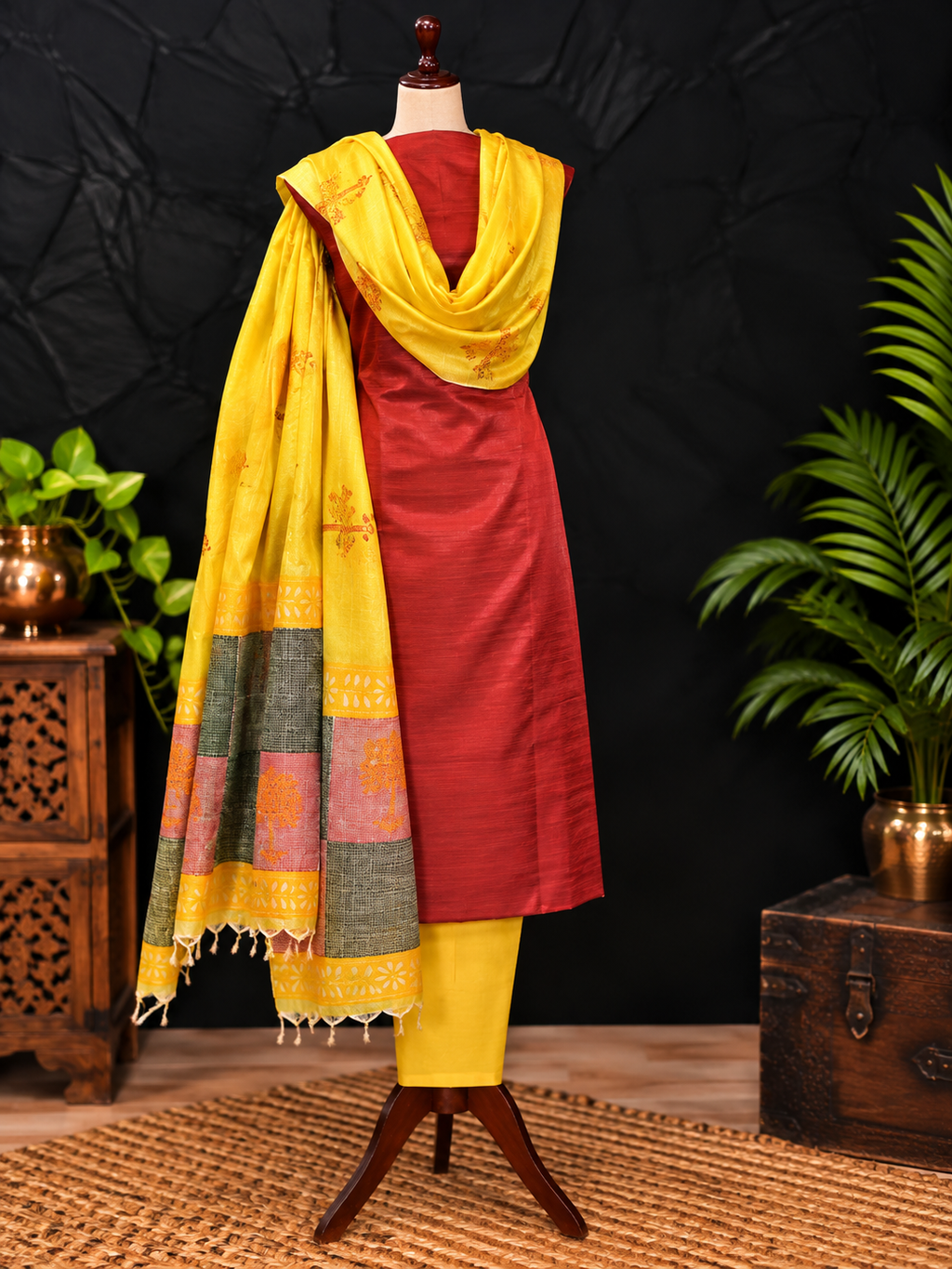 A three-piece women's traditional silk set on a mannequin, featuring a red kurta, yellow trousers, and a yellow dupatta with multicolor patchwork borders and tassels, set against a dark backdrop with decorative plants and wooden furniture.