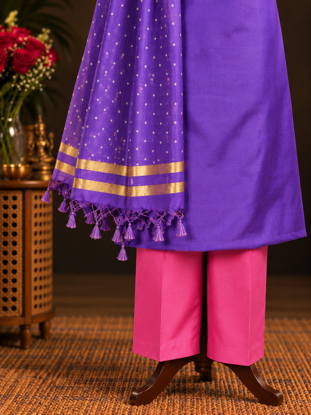Purple Tussar Silk Suit paired with a Pink Dotted Dupatta