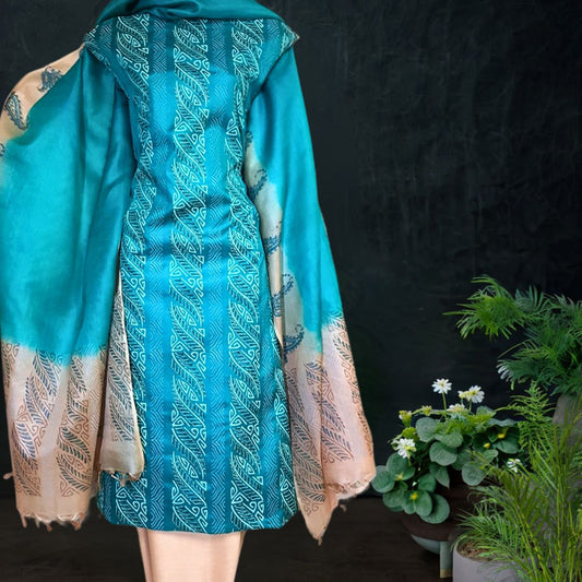 Radiant Blue Cream  Tussar Silk Block Printed Dress Material