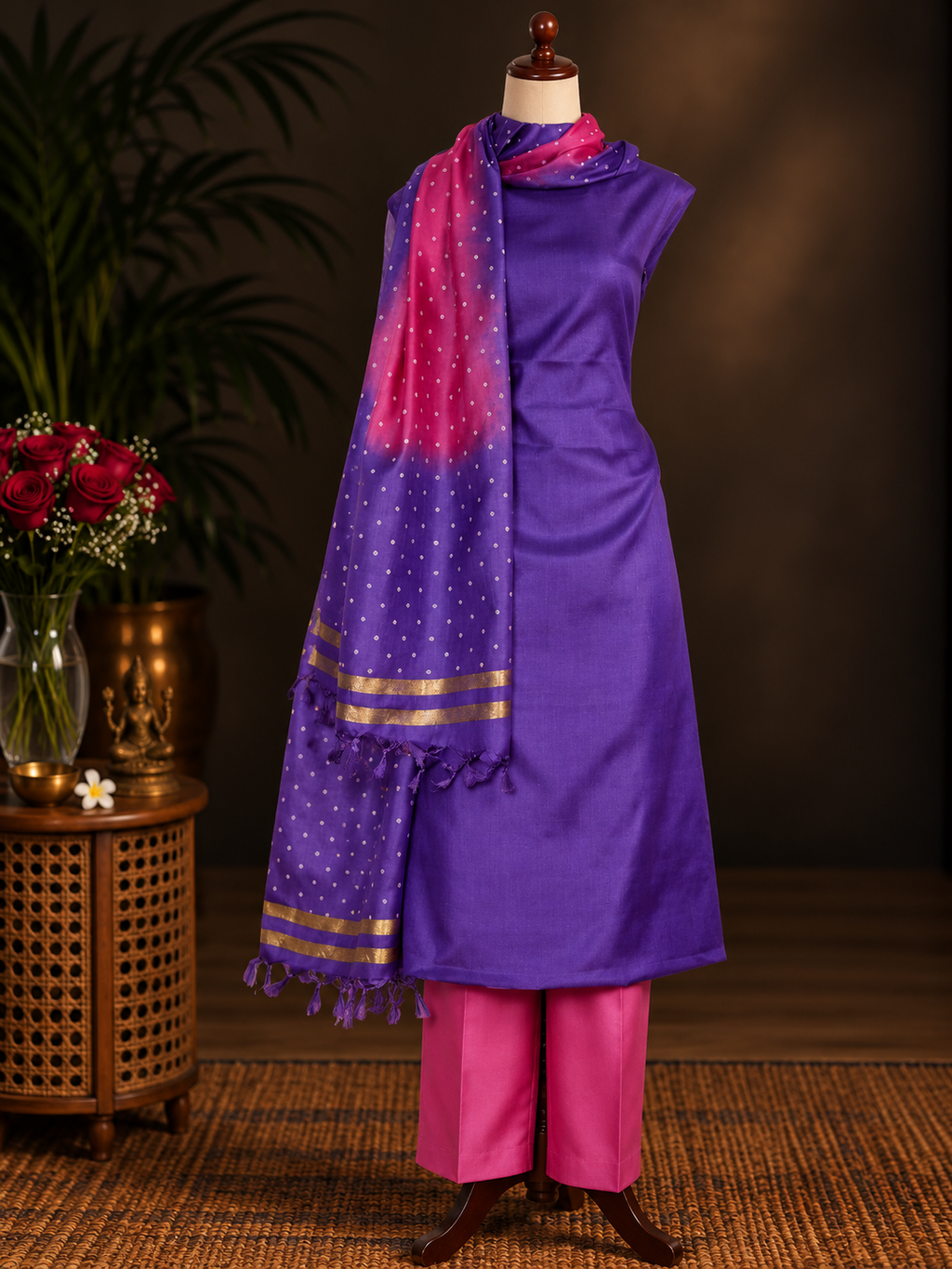 Purple Tussar Silk Suit paired with a Pink Dotted Dupatta