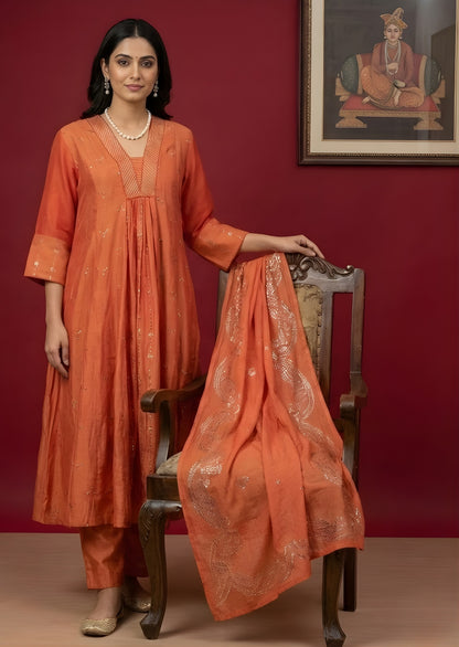 Chanderi Silk Kurta Set with Embroidery in Rust Color