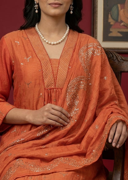 Chanderi Silk Kurta Set with Embroidery in Rust Color