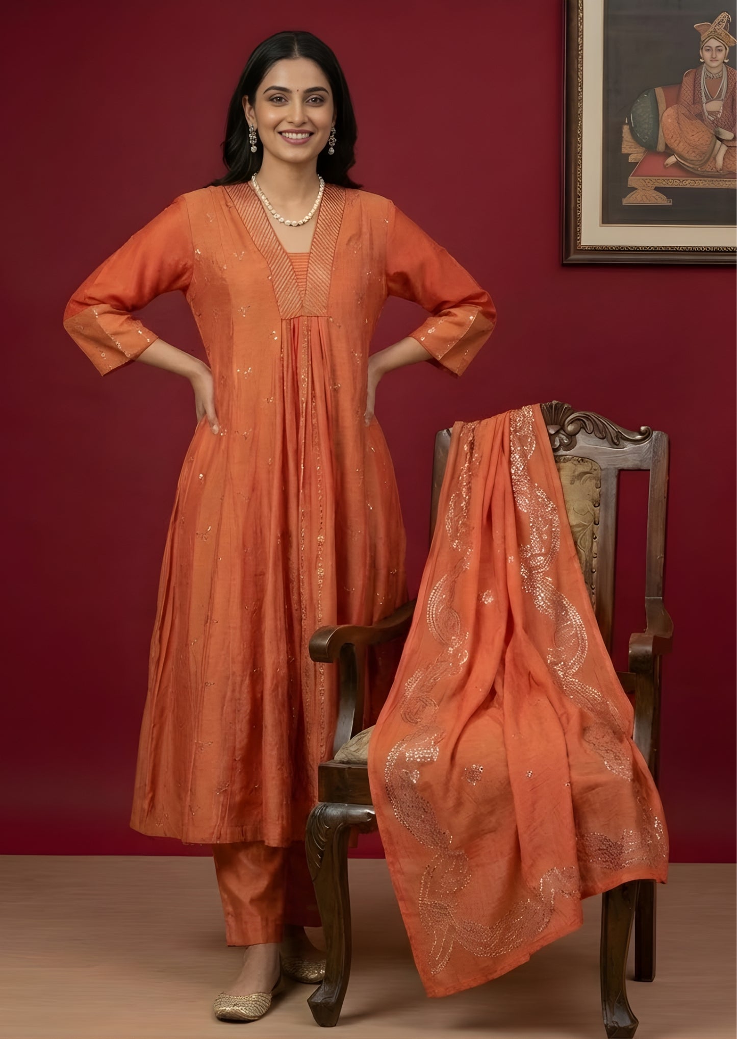 Chanderi Silk Kurta Set with Embroidery in Rust Color