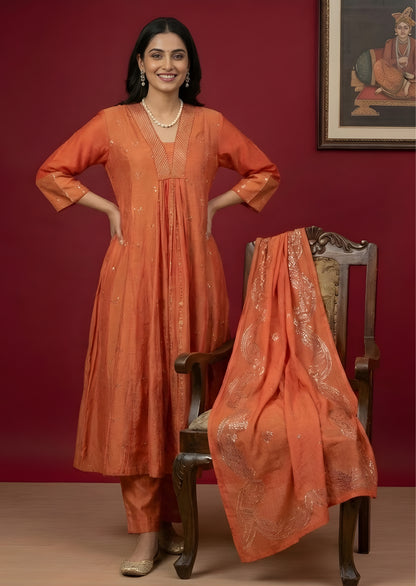 Chanderi Silk Kurta Set with Embroidery in Rust Color