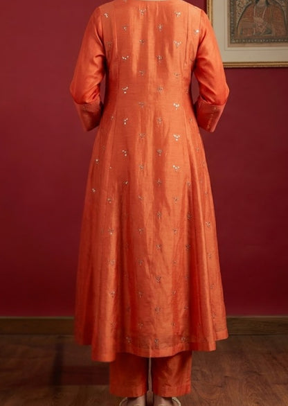 Chanderi Silk Kurta Set with Embroidery in Rust Color