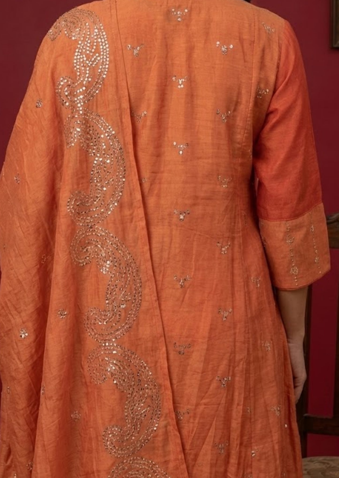 Chanderi Silk Kurta Set with Embroidery in Rust Color