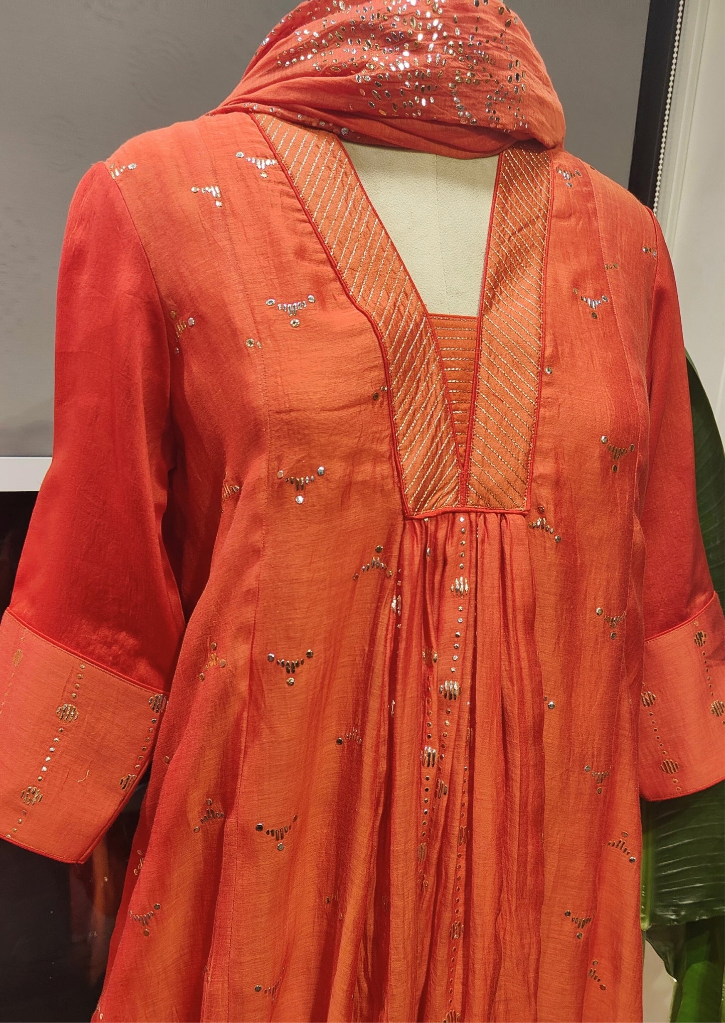 Chanderi Silk Kurta Set with Embroidery in Rust Color