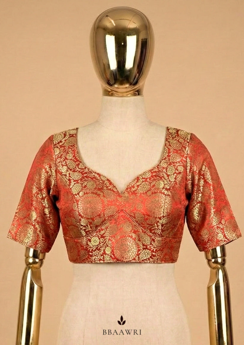 Rust Deep Orange Banaras Brocade Silk Blouse with Sweetheart Neckline | Bbaawri