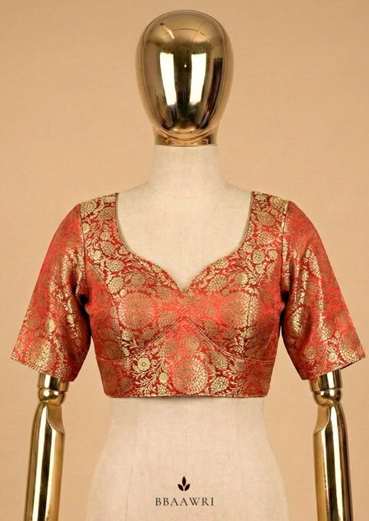 Rust Deep Orange Banaras Brocade Silk Blouse with Sweetheart Neckline | Bbaawri