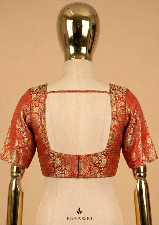 Rust Orange Banarasi Silk Weave Blouse  Sweetheart Neckline