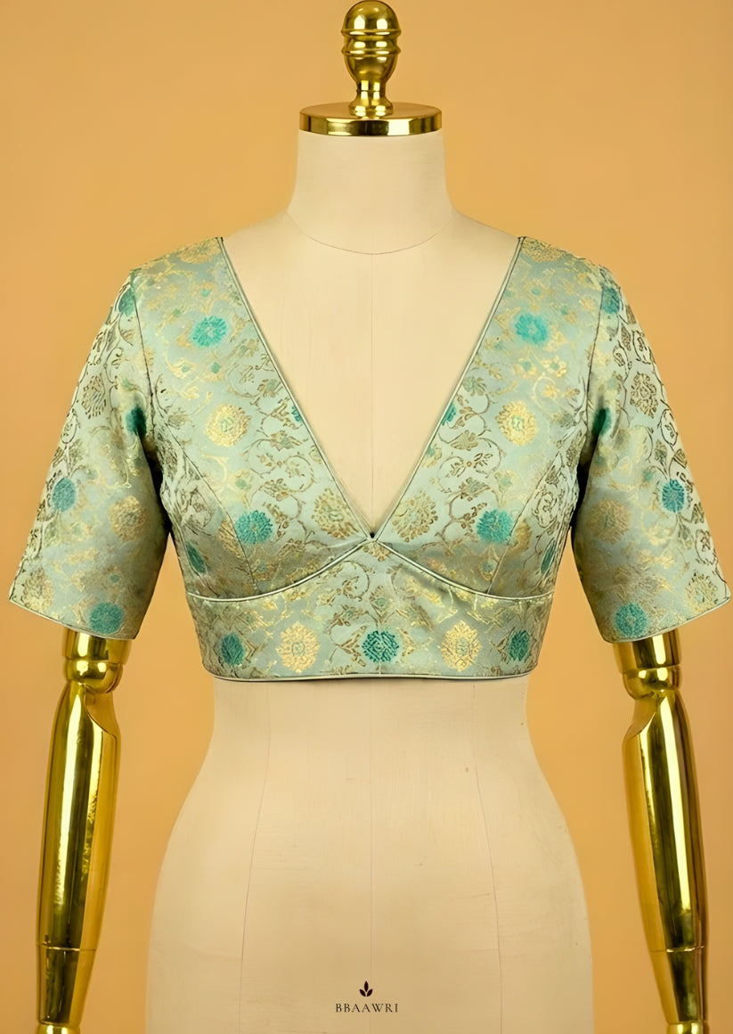 Sea Green Kimkhwab Silk blouse sweetheart neckline readymade | Bbaawri