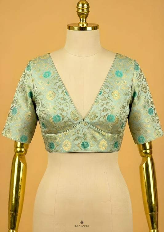 Sea Green Kimkhwab Silk blouse sweetheart neckline readymade | Bbaawri
