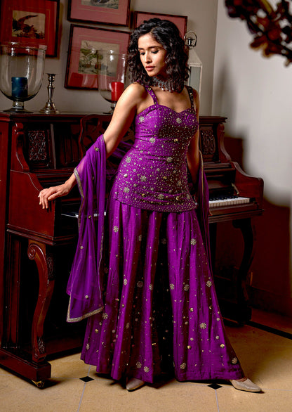 Sassy Sharara Set  Hand Embroidered- Purple