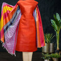Solid Tangy Red Tussar Silk Suit with Printed Dupatta 