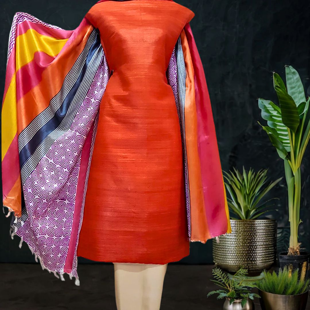 Solid Tangy Red Tussar Silk Suit with Printed Dupatta 