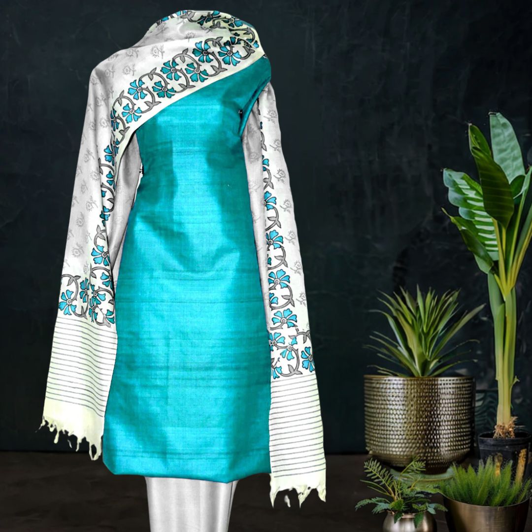 Solid Turquoise Tussar Silk Suit with Printed Dupatta 