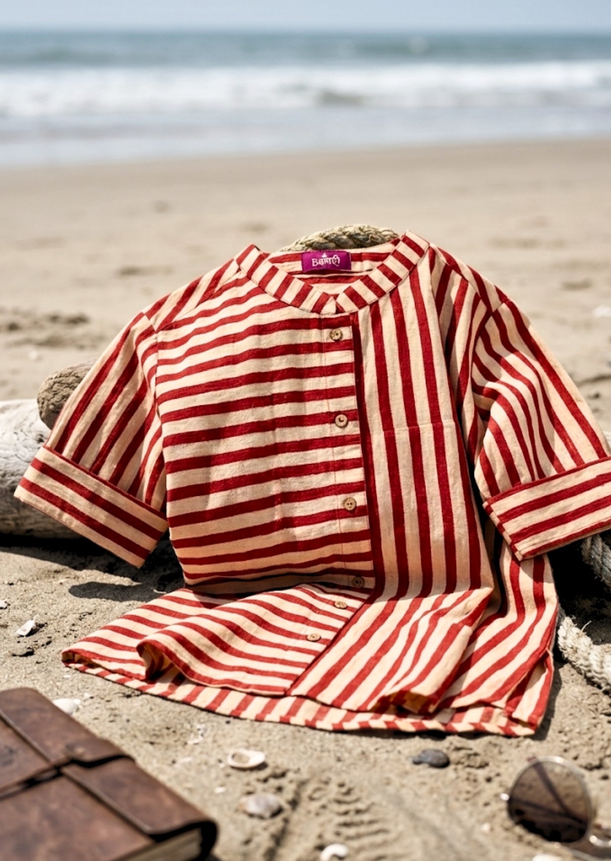 Hand Blocked Striped Red & Cream Shirt for Women | Premium Office Wear