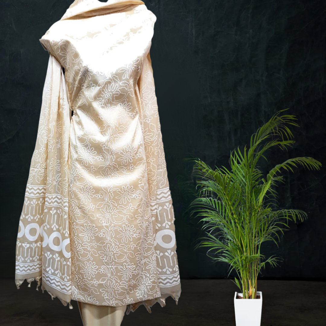 Elegant Tussar Silk Suit with Block Printing