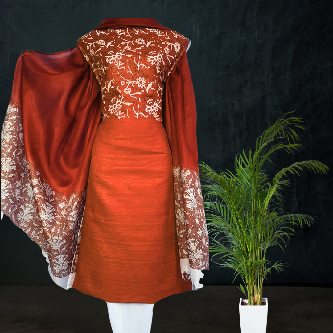 Block Printed Tussar Silk Suit Red Color