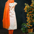 Tussar Silk Dress Material in White and Orange