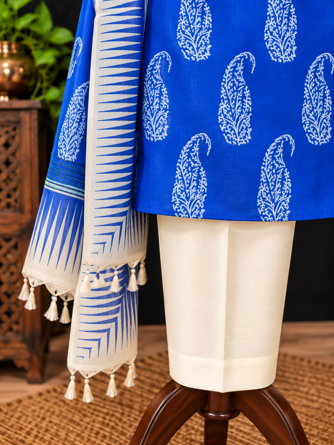 Tussar Dress Material in Blue with Paisley Motif