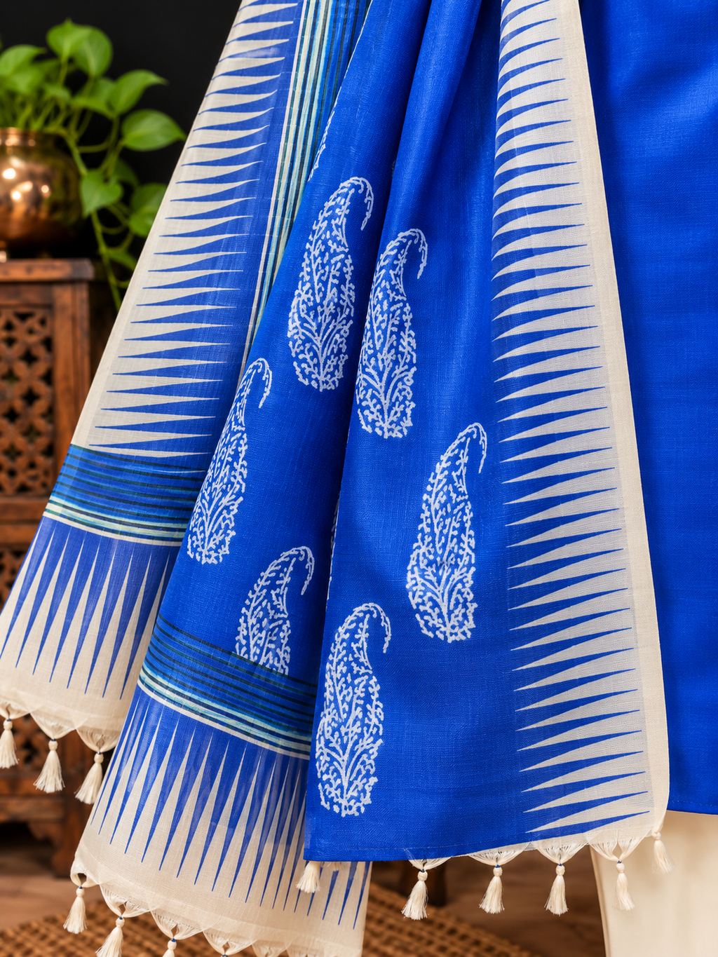 Tussar Dress Material in Blue with Paisley Motif