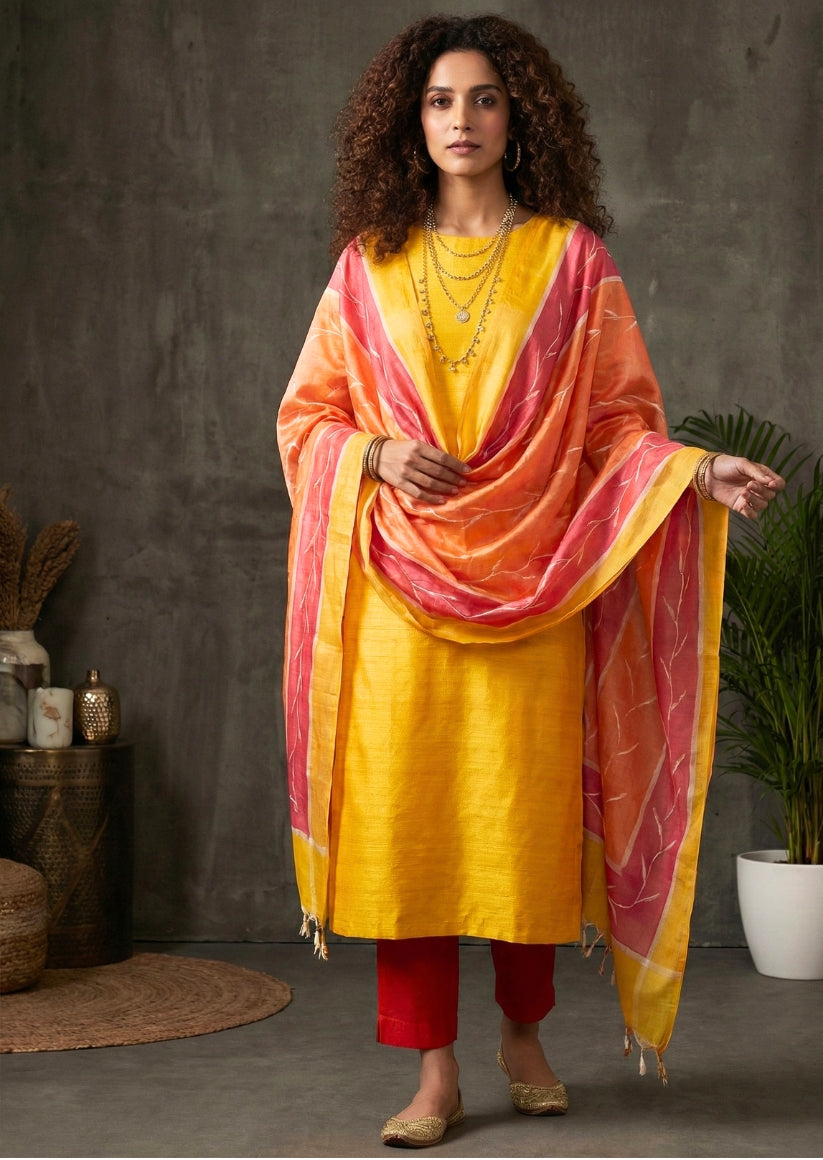 Yellow Hand Block Printed Tussar Silk Dress Material BBETU89