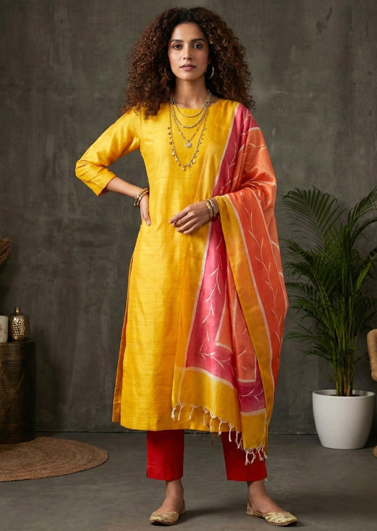 Yellow Hand Block Printed Tussar Silk Dress Material BBETU89