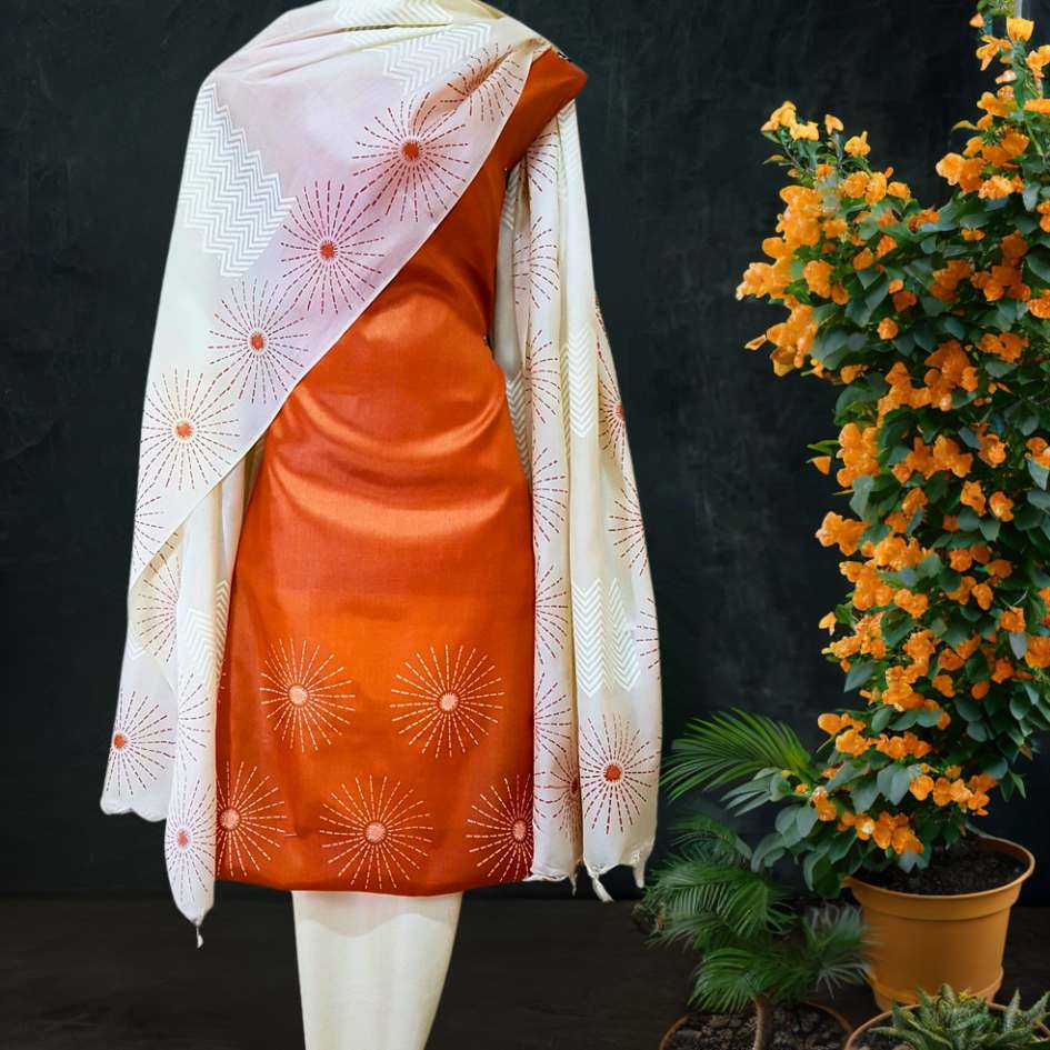 Tussar Silk Dress Material in Orange and White