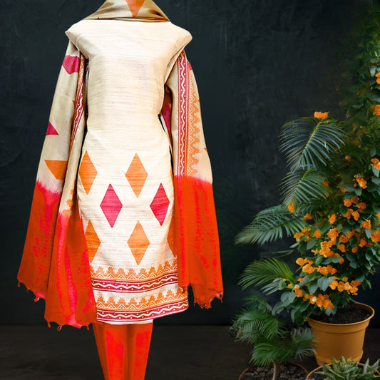 Tussar Silk Dress Material with Dupatta in Off White and Orange