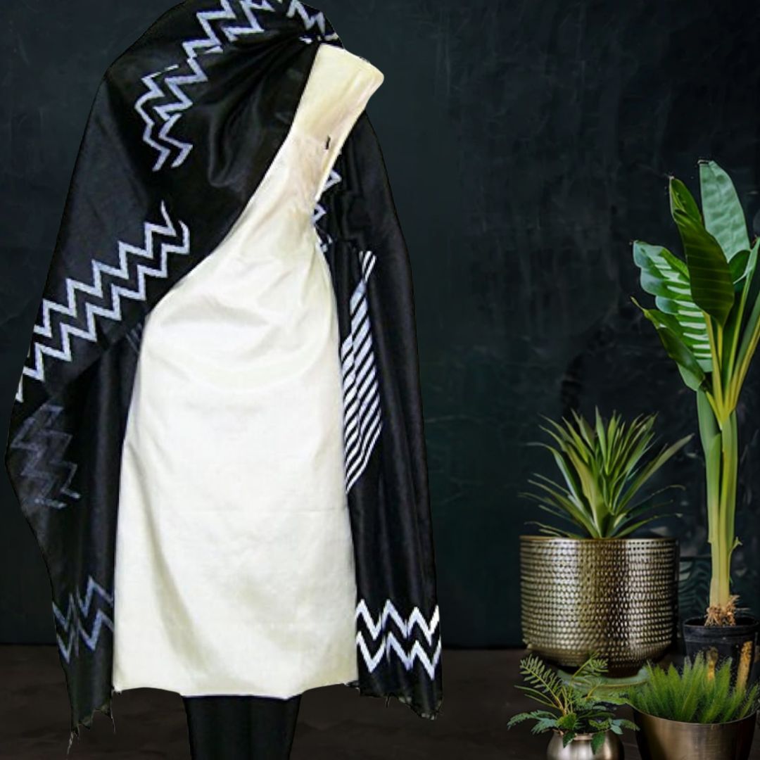 Tussar Silk Dress Material with in Black with White Dupatta Zigzag