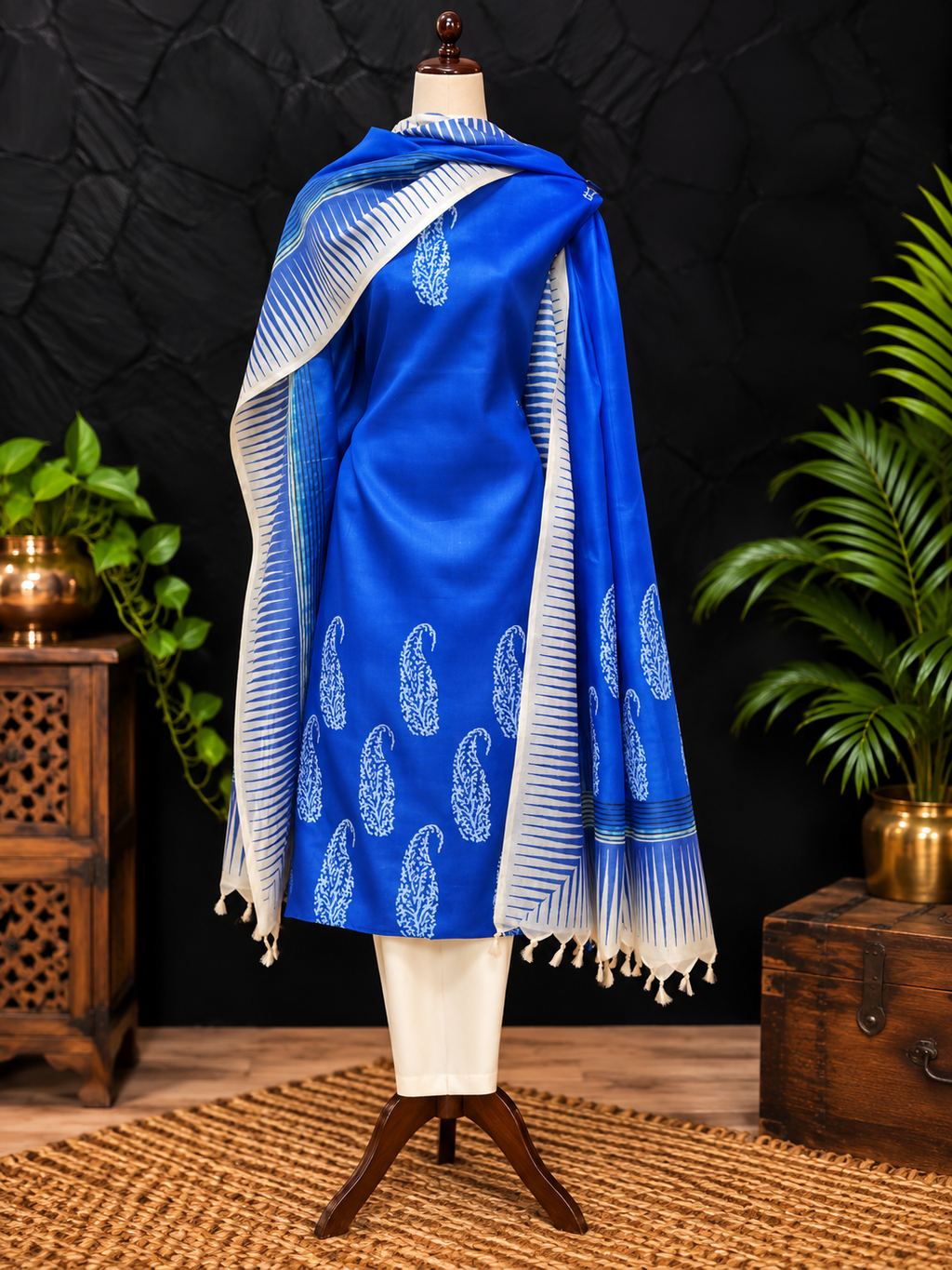 Tussar Dress Material in Blue with Paisley Motif