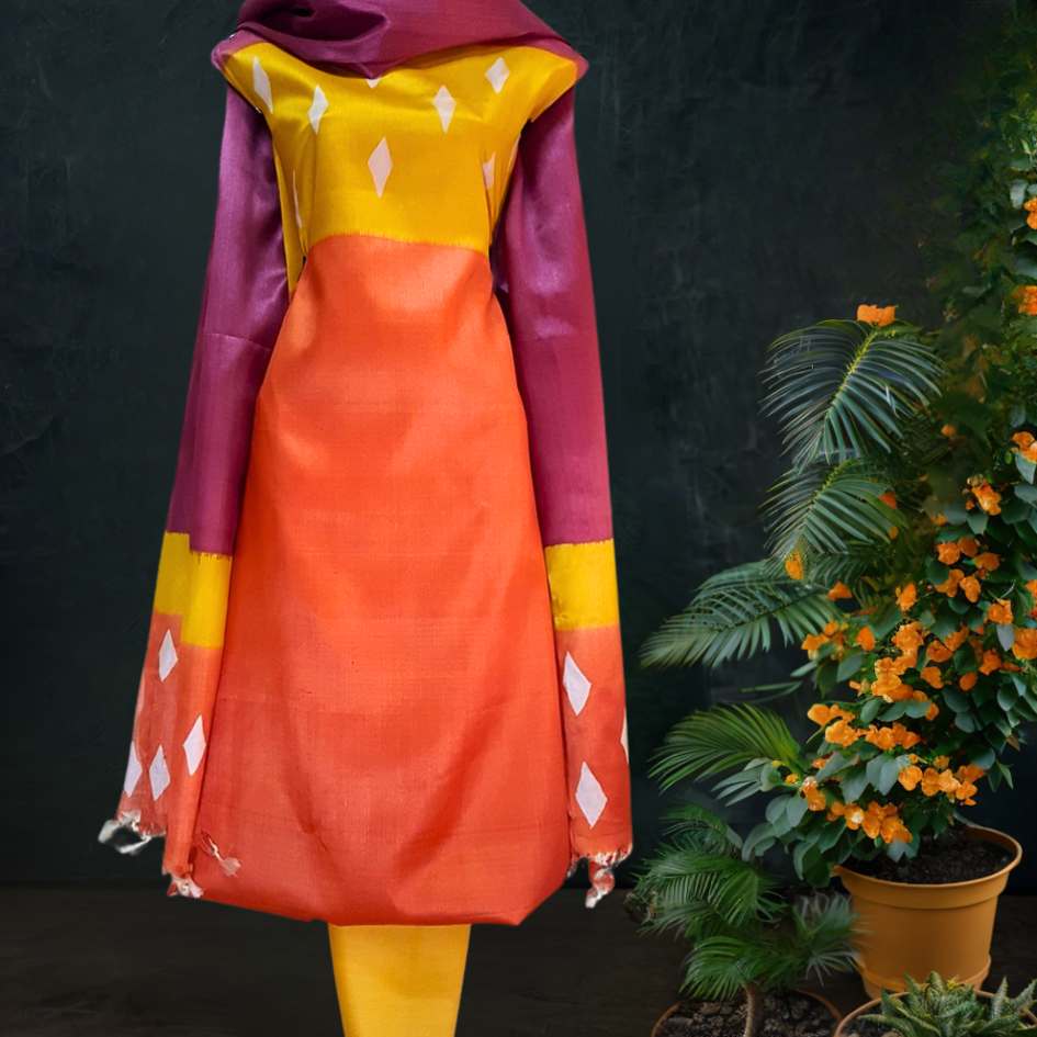 Online Tussar Silk Salwar Suit in Orange Yellow Hue