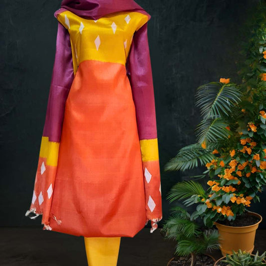 Online Tussar Silk Salwar Suit in Orange Yellow Hue