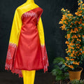 Tussar Silk Salwar Suit in Red Yellow Combination