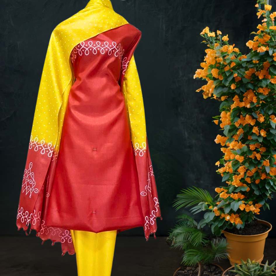 Tussar Silk Salwar Suit in Red Yellow Combination