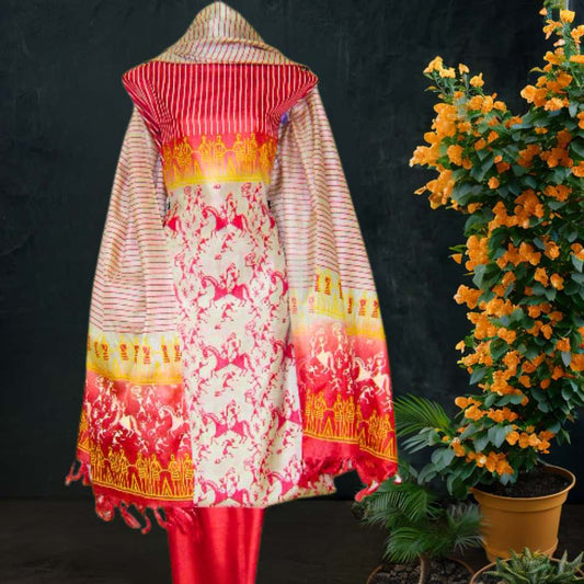 Tussar Silk Salwar Suit in Scarlet Red Orange Shade 