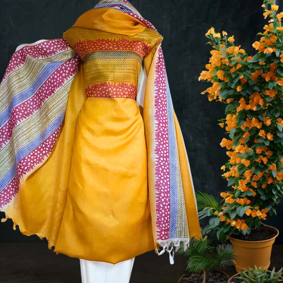 Tussar Silk Salwar Suit in Yellow Pink  