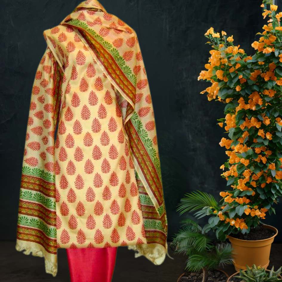 Tussar Silk Salwar Suit with Paisley Buttis on Beige Red