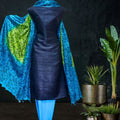 Tussar Silk Suit In Blue with Printed  Dupatta 