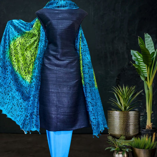 Tussar Silk Suit In Blue with Printed  Dupatta 