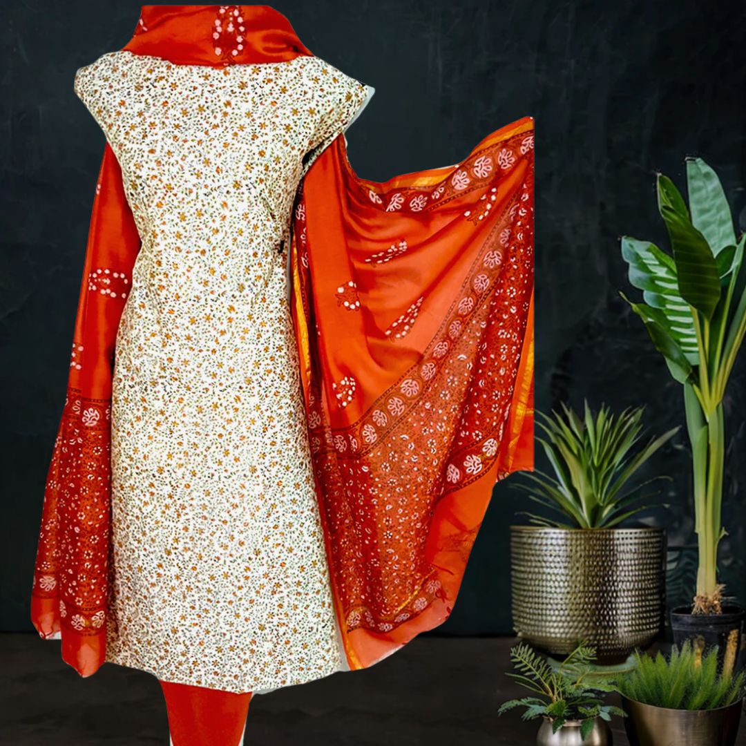 Tussar Silk Suit Printed with Floral Patterns