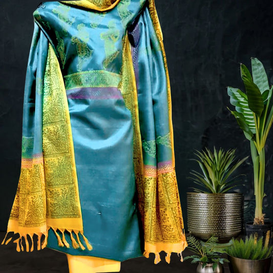 Tussar Silk Suit in Green Yellow Color