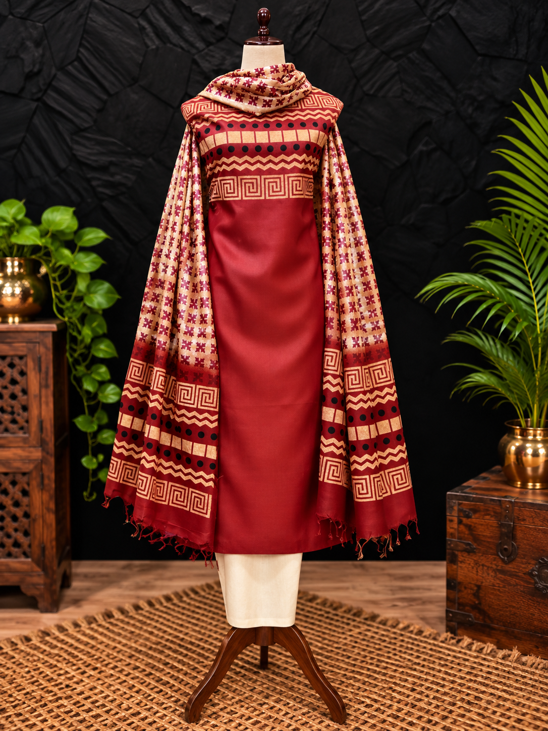 Tussar Silk Set  in Brown Color with Cream Pants