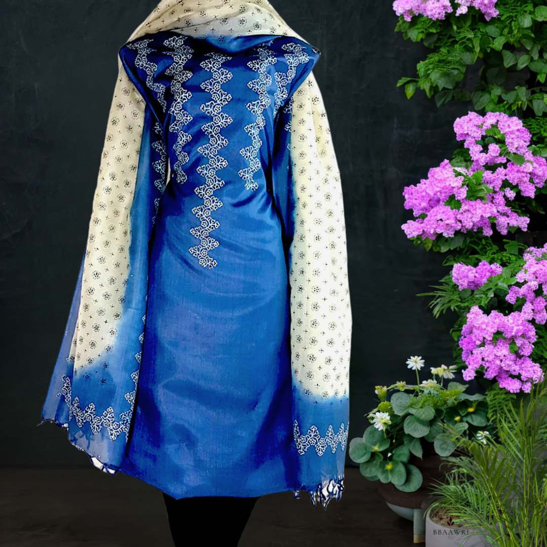 Unstitched Tussar Silk Suit in Blue and off white 