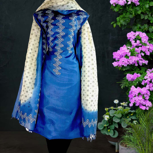 Unstitched Tussar Silk Suit in Blue and off white 