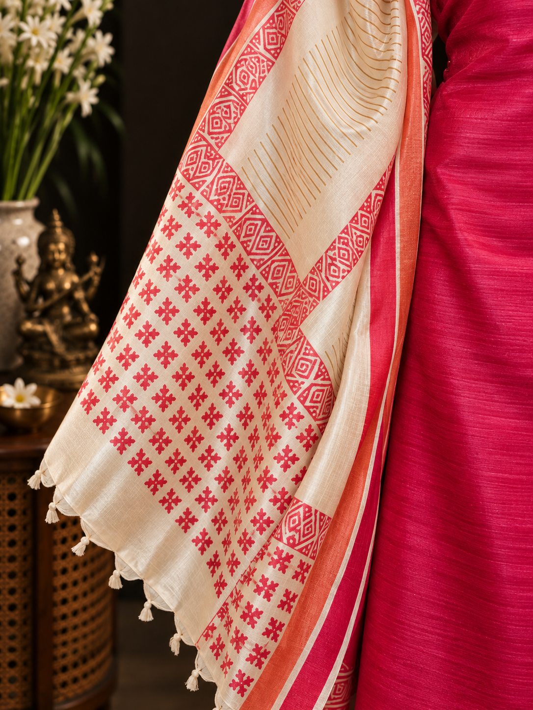 Pink and Orange Tussar Silk Unstitched Suit with Block Print Dupatta
