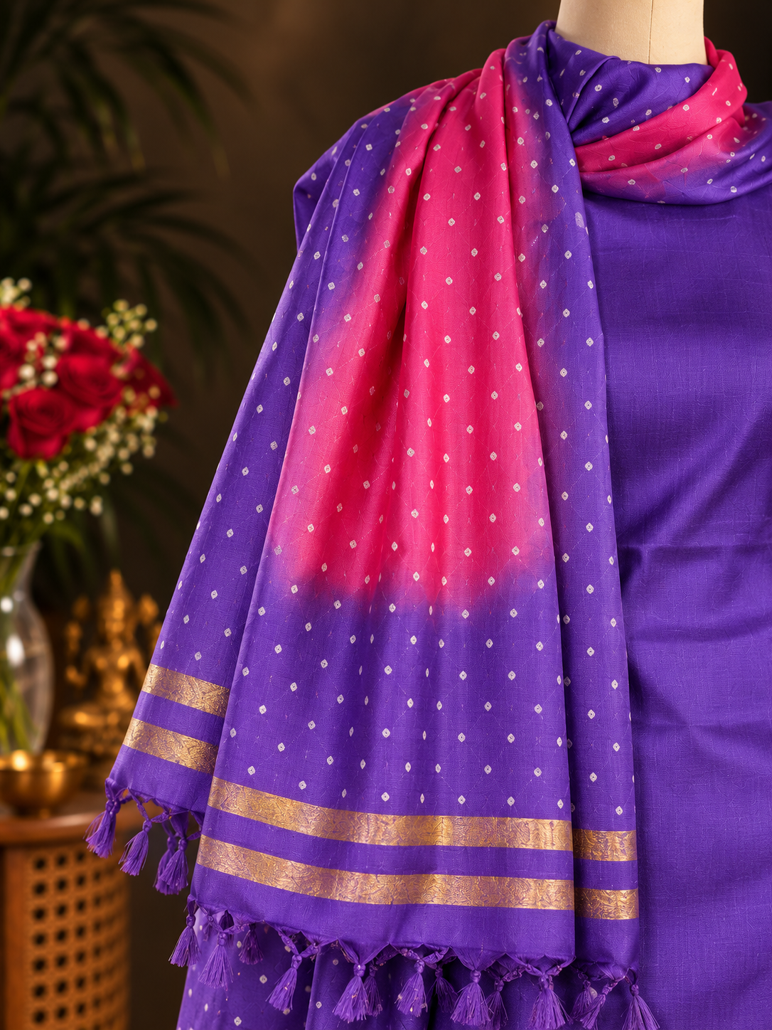 Purple Tussar Silk Suit paired with a Pink Dotted Dupatta